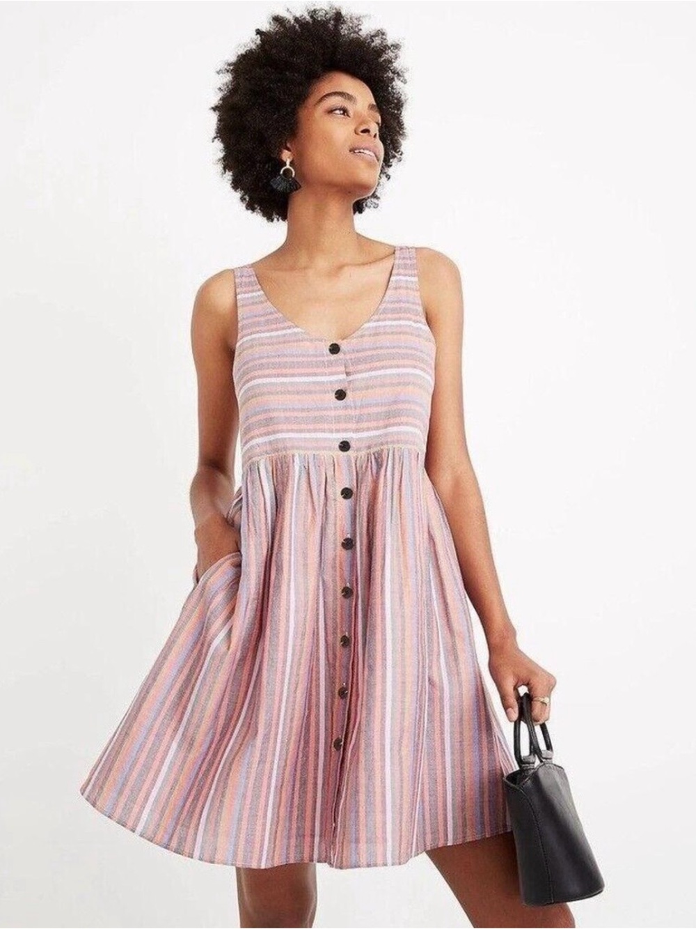 Madewell Striped Pink Multi-Color Button-Front Mini Dress